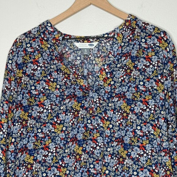 Old Navy Womens Popover Tunic Top XL Blue Red Floral Linen Sheer Vacation Spring - Picture 7 of 11